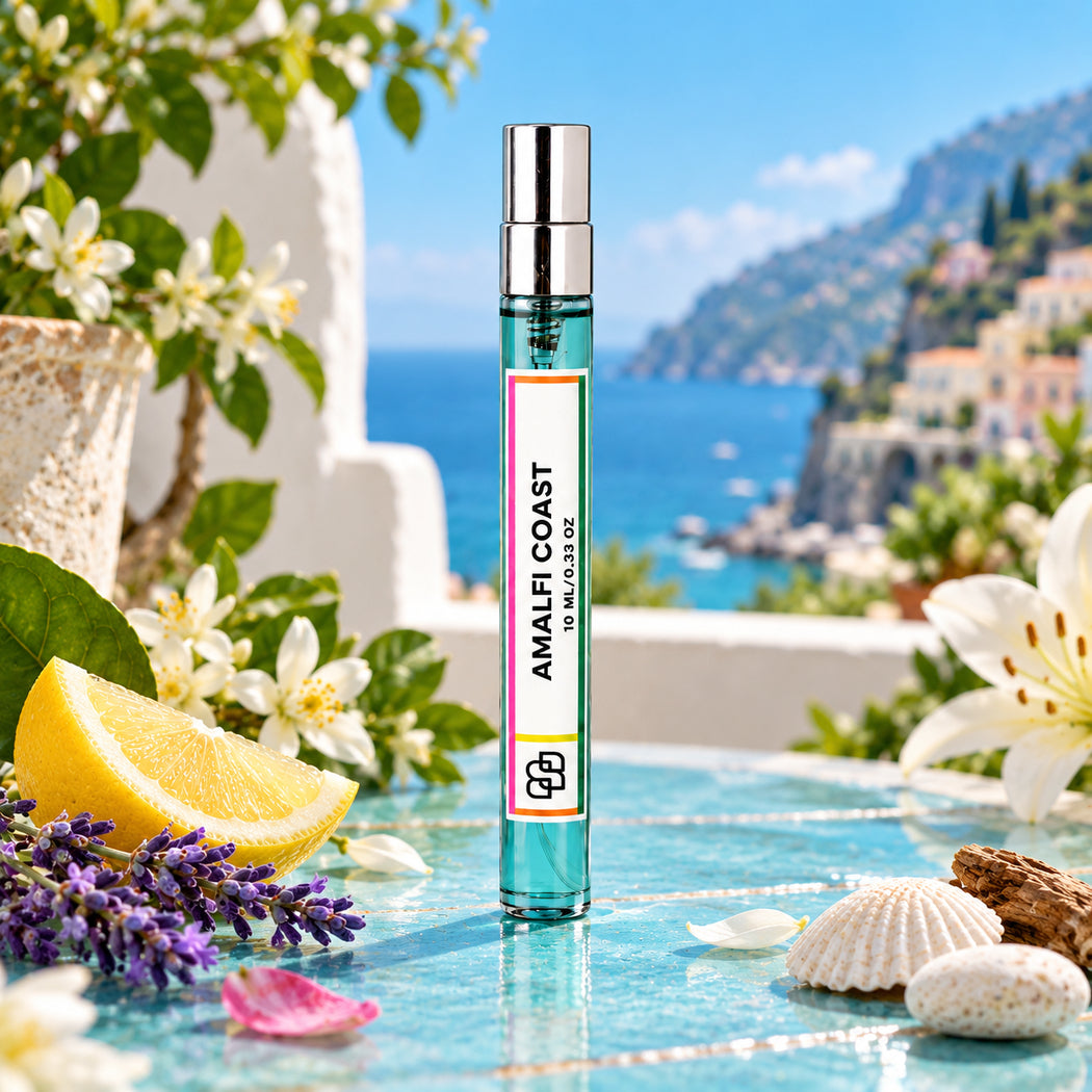 SPRINGBOM Amalfi Coast handmade perfume, turquoise 10ml eau de parfum travel spray, overlooking the Mediterranean coast