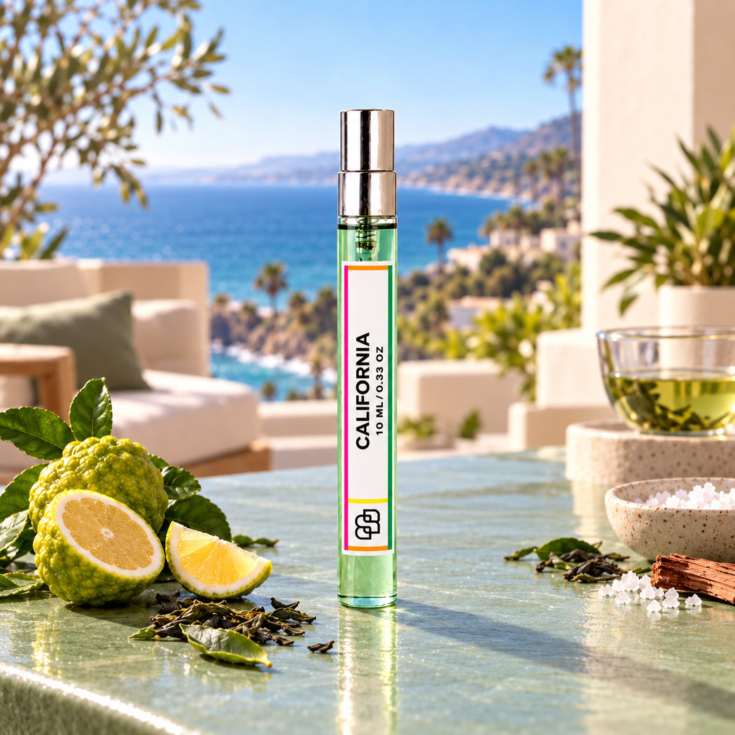 SPRINGBOM California handmade perfume, 10ml eau de parfum travel spray, on a sunlit coastal terrace