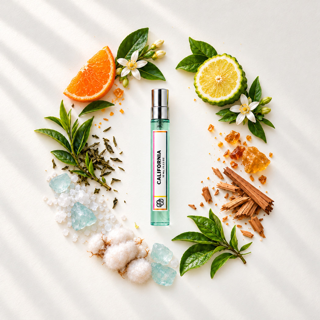 California 10ml handmade perfume surrounded by bergamot, mandarin, green tea, cedar and ocean-inspired fragrance notes