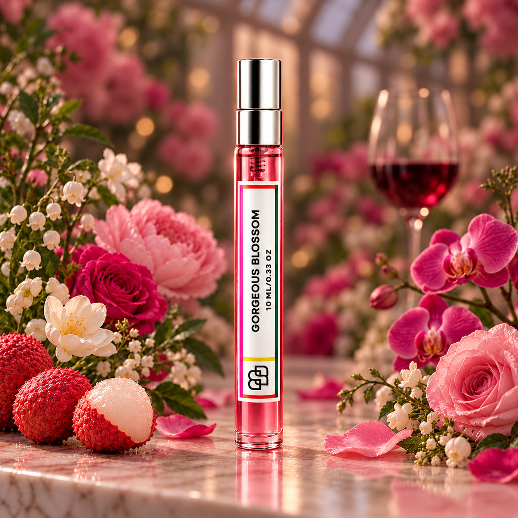 SPRINGBOM Gorgeous Blossom handmade perfume, 10ml eau de parfum travel spray, with lychee and pink flowers