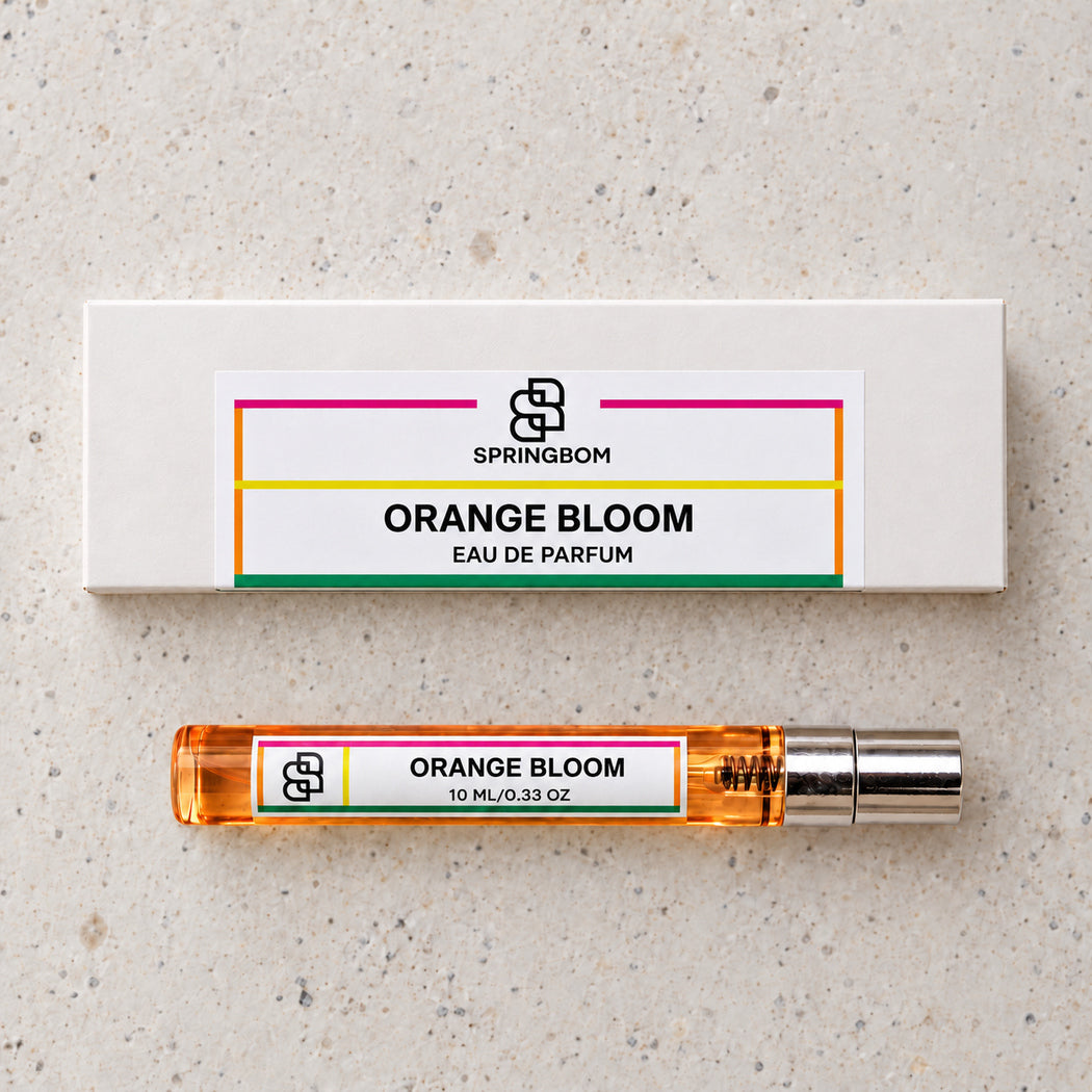 SPRINGBOM Orange Bloom 10ml eau de parfum travel spray beside its handmade white gift box