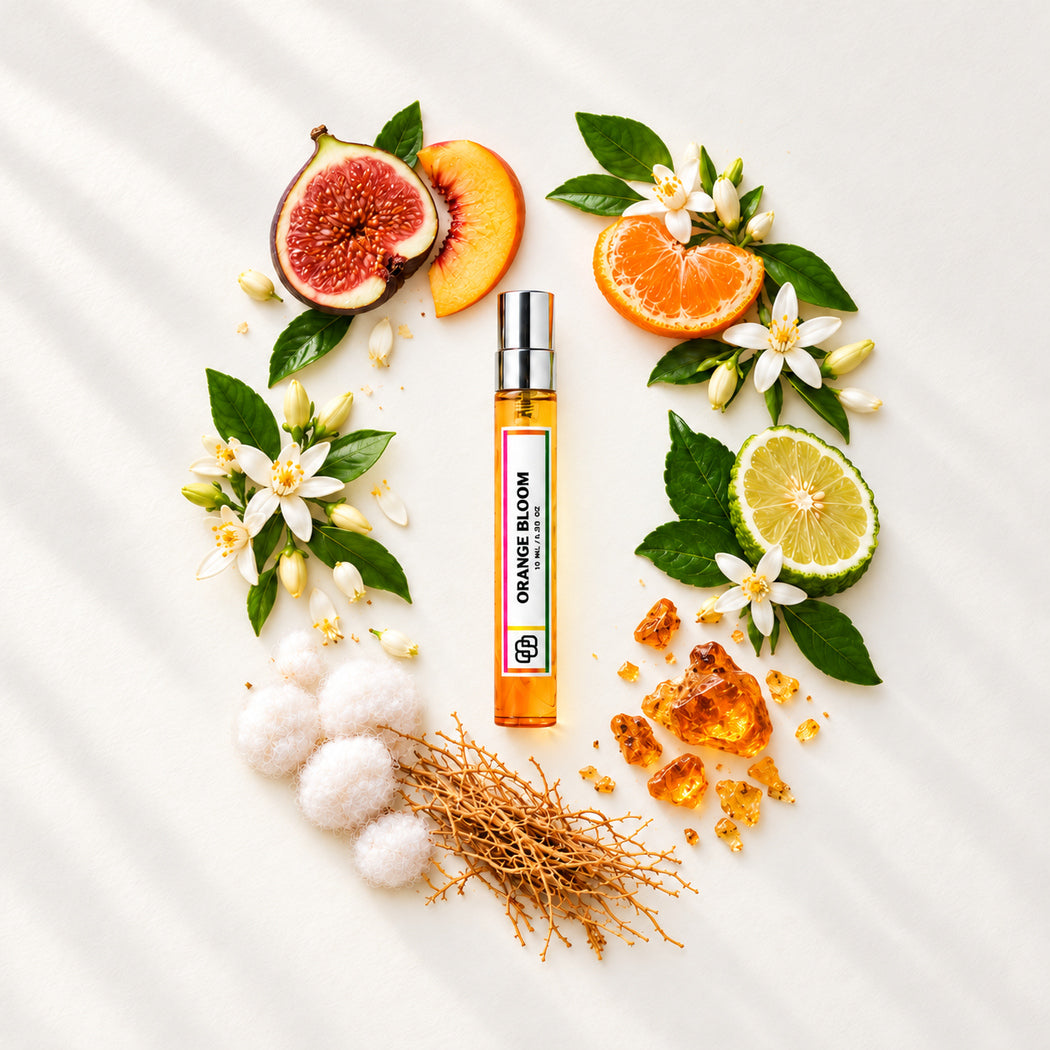 SPRINGBOM Orange Bloom 10ml handmade perfume with tangerine blossom, fig, peach and orange blossom, illustrating its fragrance notes