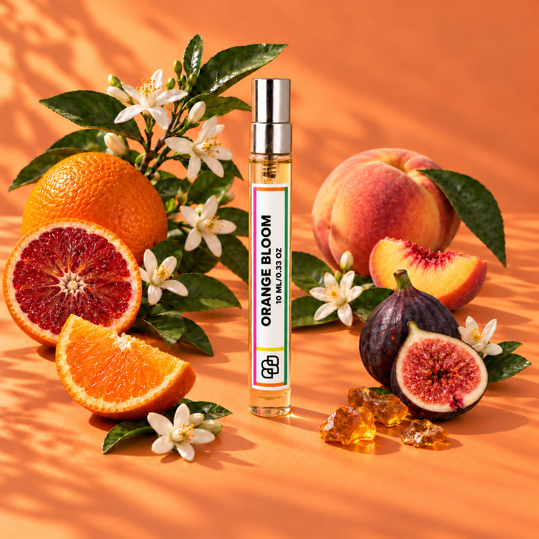 SPRINGBOM Orange Bloom handmade perfume, 10ml eau de parfum travel spray, in a styled fragrance setting